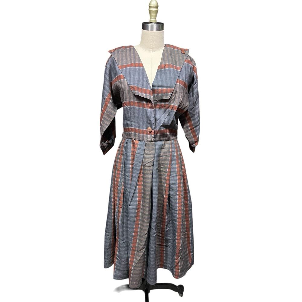 Strait Lane Neutrals Striped Shirt Dress 1/2 Sleeve Mid Length 1970s Secretary